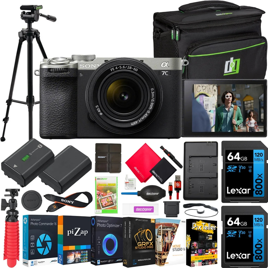 Sony a7C II Full Frame Mirrorless Camera Body with 28-60mm F4-5.6 Lens Silver ILCE-7CM2L/S Bundle with Deco Gear Photography Bag Case + Extra Battery + Charger + Tripod + Software Kit & Accessories