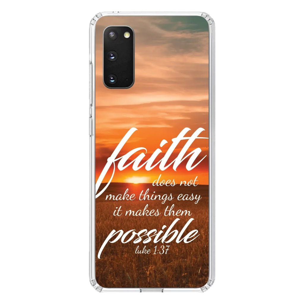 DistinctInk Clear Shockproof Hybrid Case for Galaxy S20 PLUS / 5G (6.7" Screen) - TPU Bumper, Acrylic Back, Burgundy Glass Screen Protector - Luke 1:37 - Faith Does Not Make Easy Makes Possible