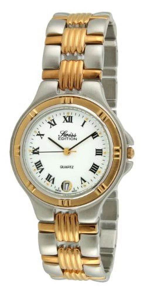 Swiss Edition Men's Two Tone Silver & 23K Gold Plated Luxury Roman Numeral White Dial Gold Bezel Outfit Watch SE3606-M
