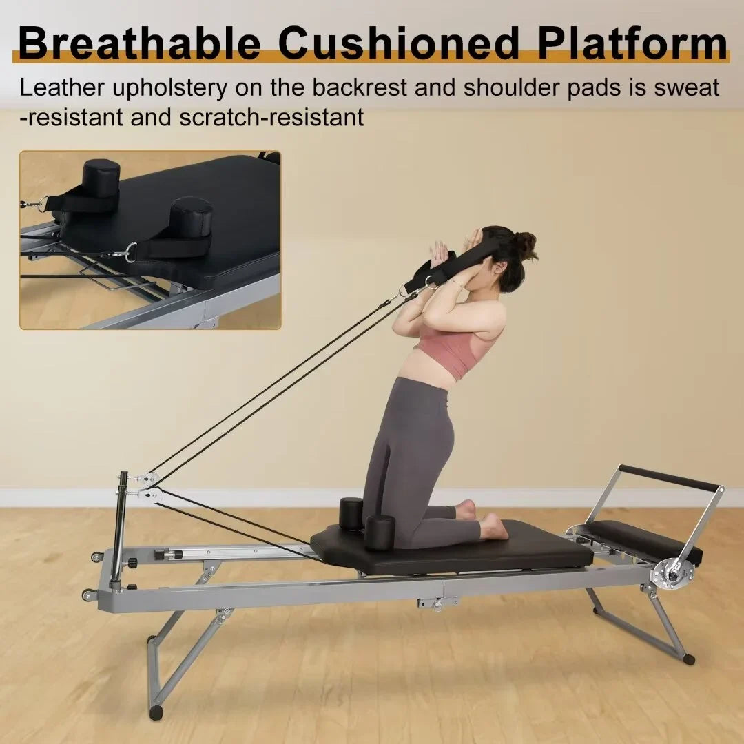 Burgundy Foldable Pilates Reformer,Quiet Pilates Reformer Workout Machine with Spring for Home Gym，Beginners，Up to 300 lbs Weight Capacity