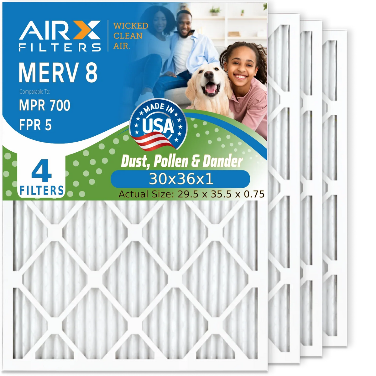 30x36x1 Air Filter MERV 8 Comparable to MPR 700 & FPR 5 Electrostatic Pleated Air Conditioner Filter 4 Pack HVAC AC Premium USA Made 30x36x1 Furnace Filters by AIRX FILTERS WICKED CLEAN AIR.