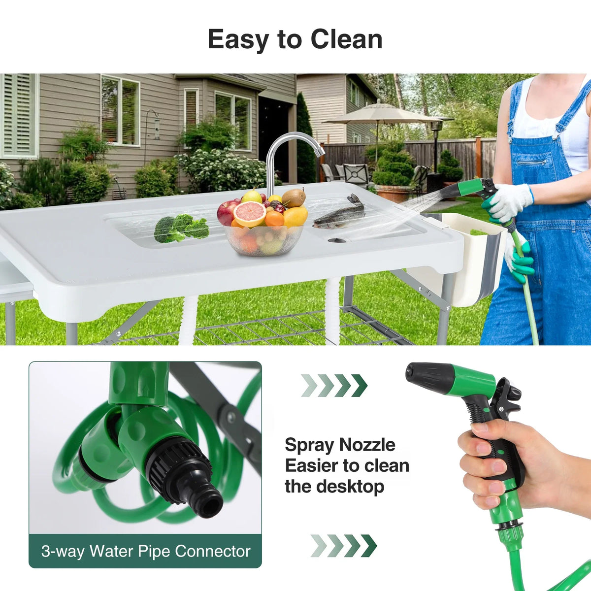 Crimson Folding Fish Cleaning Table with 2 Sinks and Sprayer, Outdoor Camping Sink Station w/ Flexible Faucet/Drainage Hoses/Rack/Basket, Portable Camping Table for Garden Beach Patio Picnic