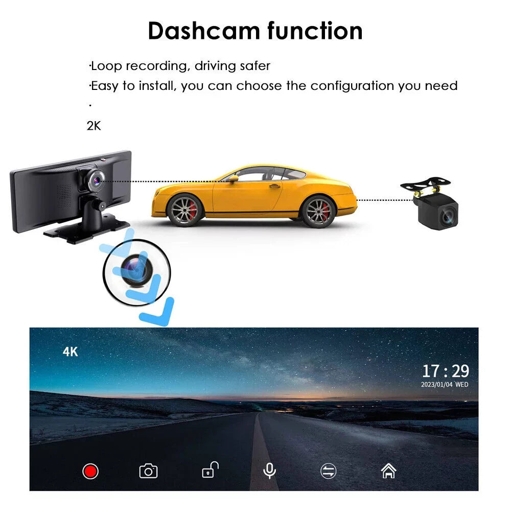 JLLOM 10.26inch 1080P Touch Screen 2K Dash Cam Car Wireless CarPlay Android Auto USA
