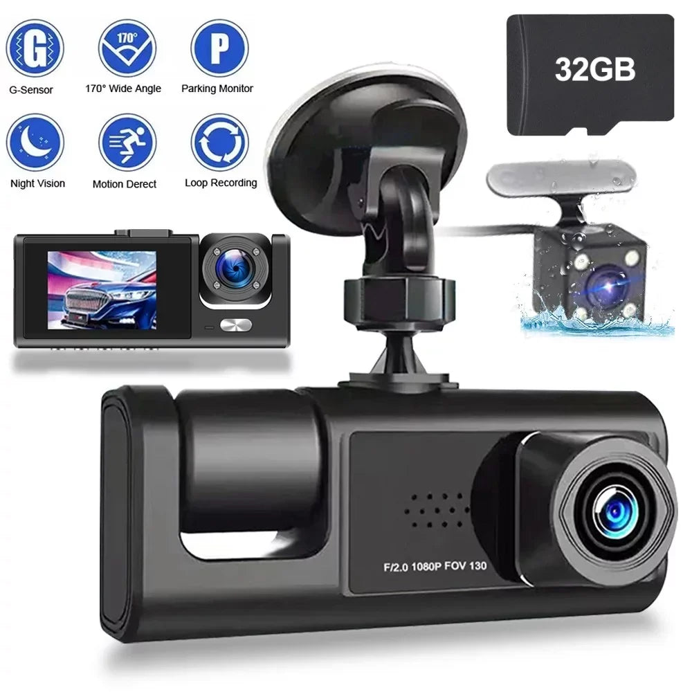 3 Channel Dash Cam Front and Rear Inside W/32GB TF Card, Full HD 1080P Dash Camera for Cars, Dashcam Three Way Triple Car Camera W/IR Night Vision, Loop Recording, G-Sensor, Parking Monitor