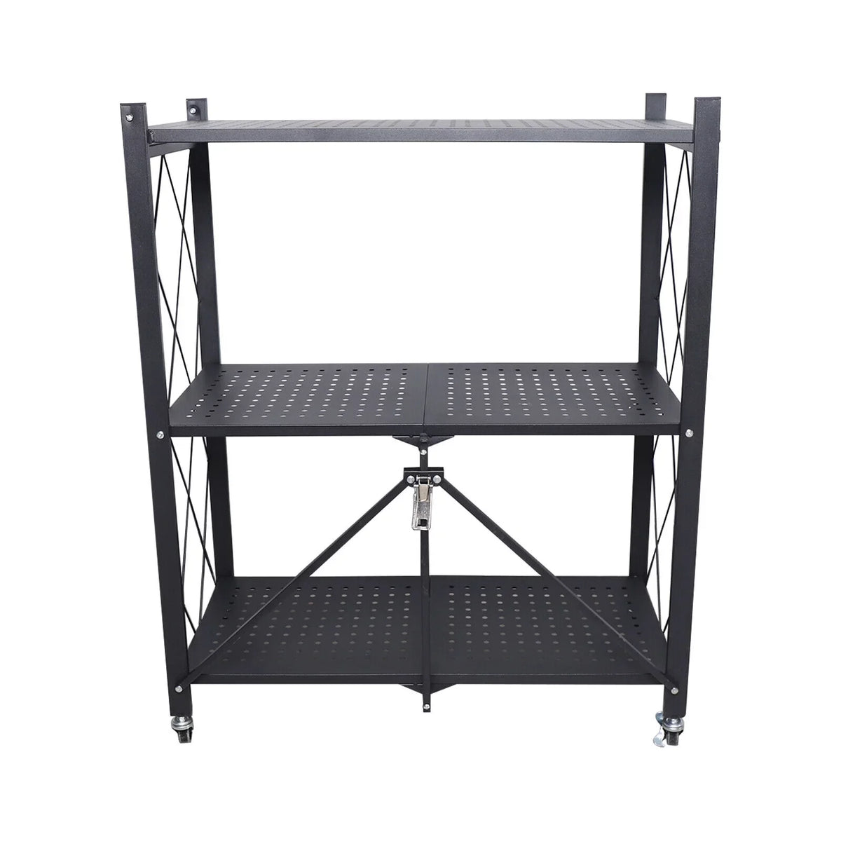 Miumaeov 3-Tier Kitchen Foldable Metal Rolling Trolley Cart Movable Utility Rack Storage Shelves Holder with Wheel (Black)