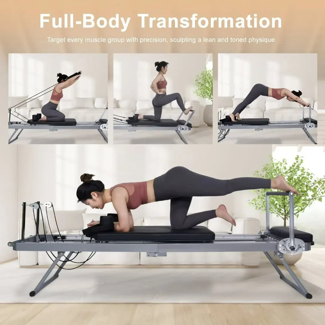 Burgundy Foldable Pilates Reformer,Quiet Pilates Reformer Workout Machine with Spring for Home Gym，Beginners，Up to 300 lbs Weight Capacity