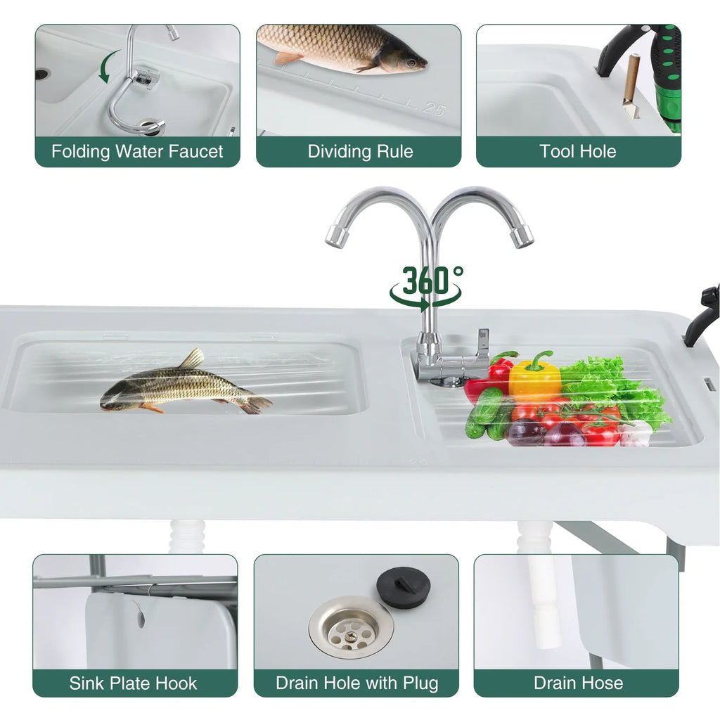 Crimson Folding Fish Cleaning Table with 2 Sinks and Sprayer, Outdoor Camping Sink Station w/ Flexible Faucet/Drainage Hoses/Rack/Basket, Portable Camping Table for Garden Beach Patio Picnic