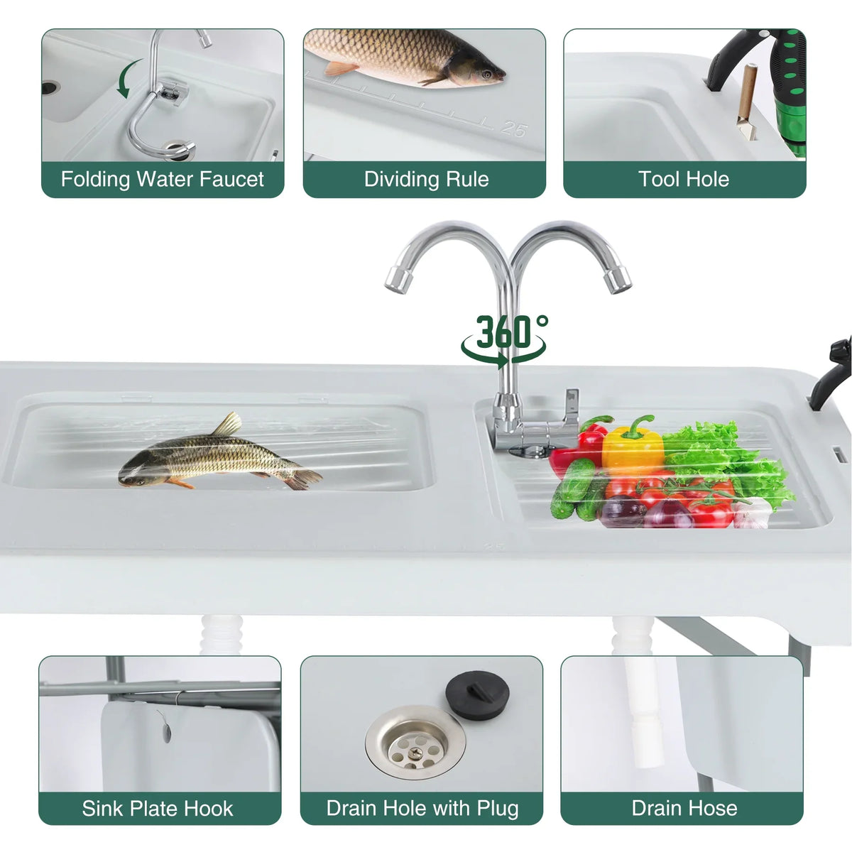 Crimson Folding Fish Cleaning Table with 2 Sinks and Sprayer, Outdoor Camping Sink Station w/ Flexible Faucet/Drainage Hoses/Rack/Basket, Portable Camping Table for Garden Beach Patio Picnic