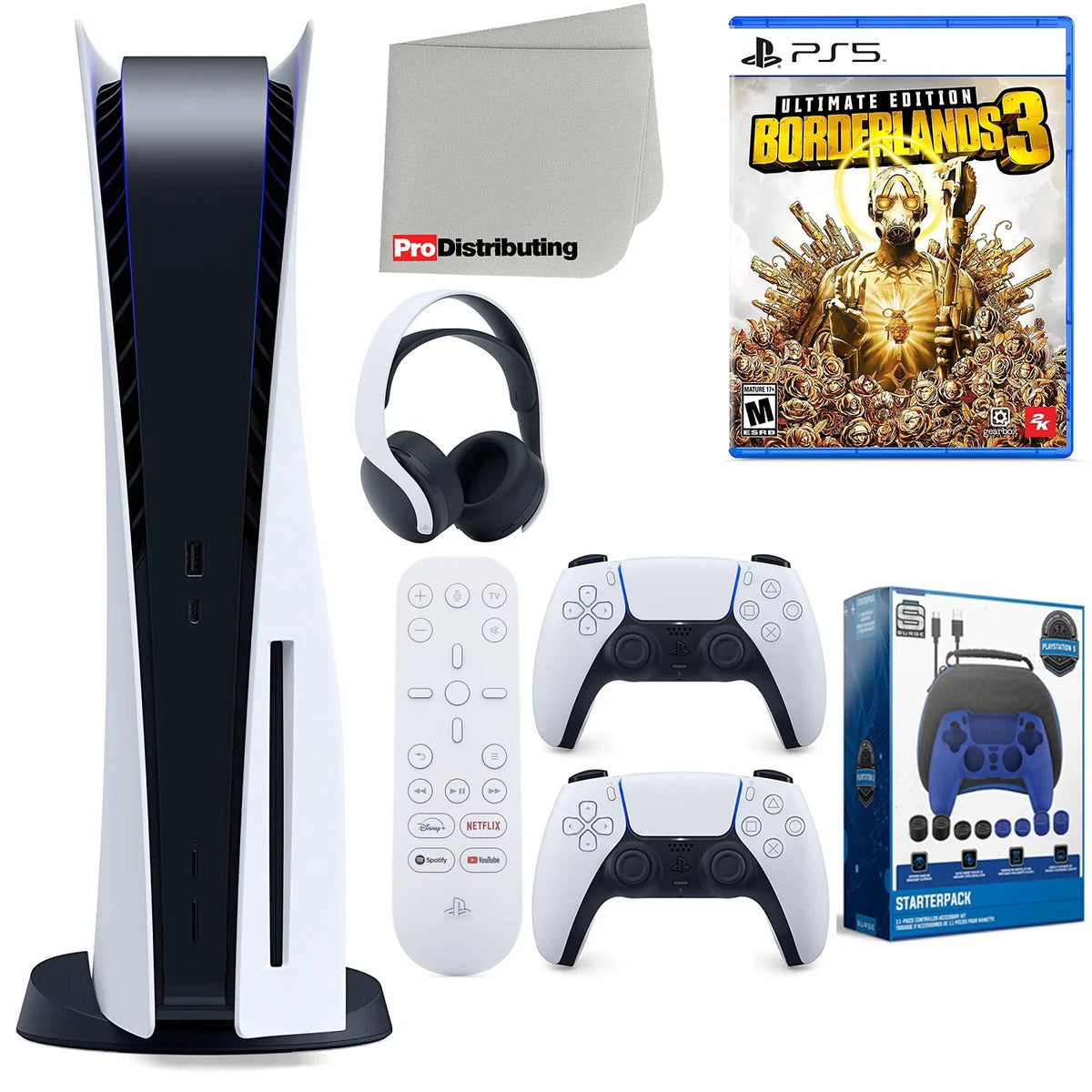 Sony Playstation 5 Disc Version (Sony PS5 Disc) with White Extra Controller, Headset, Media Remote, Borderlands 3 Ultimate Edition, Accessory Starter Kit and Microfiber Cleaning Cloth Bundle