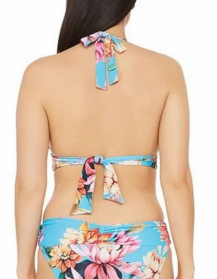 LA BLANCA Feminine Blue Tropical Print Shirring Tie Sweetheart Molded Cup Halter Swimsuit Top 4