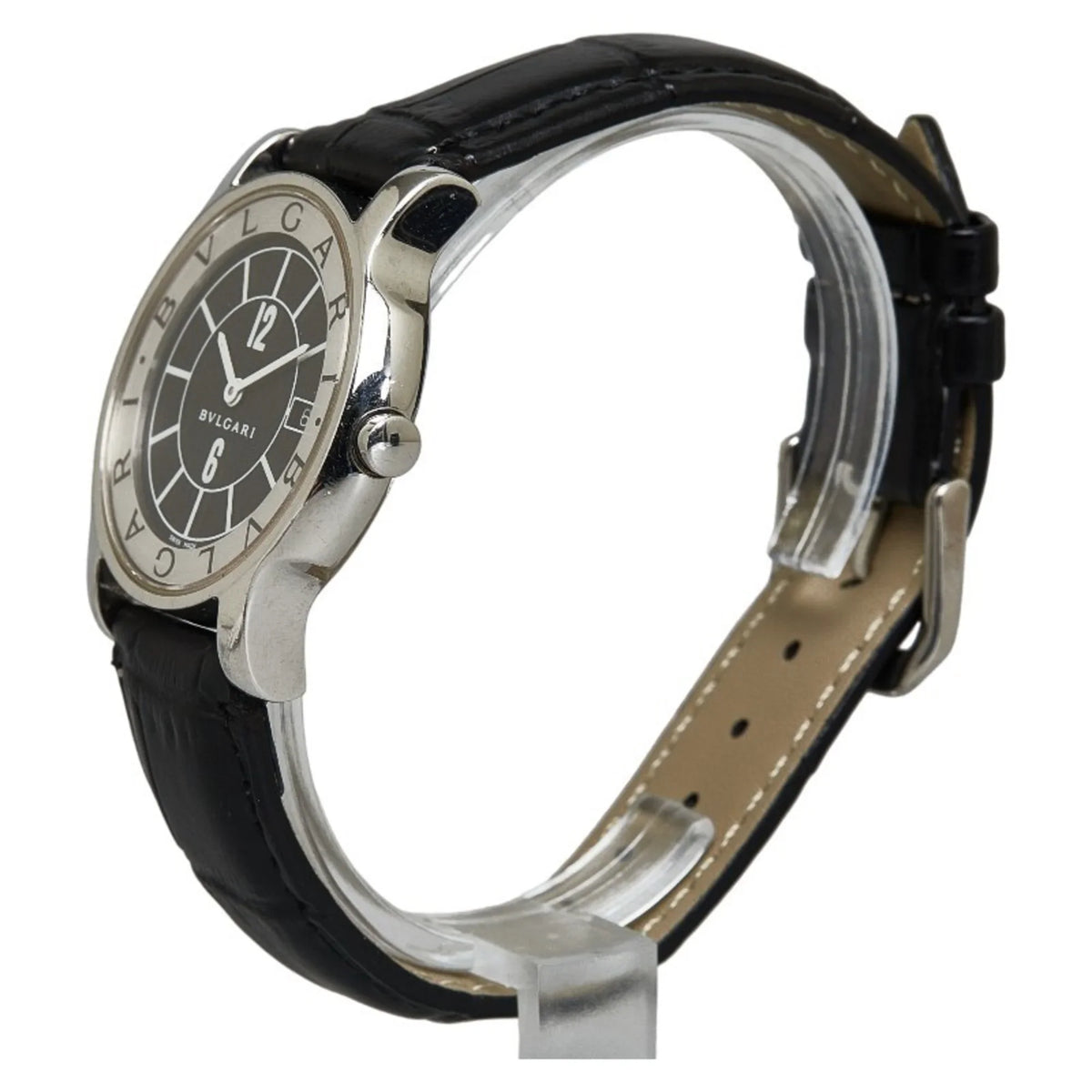 Pre-Owned BVLGARI Solotempo Leather (non-original) Watch ST35S Quartz Black Dial Stainless Steel Feminine (Good)