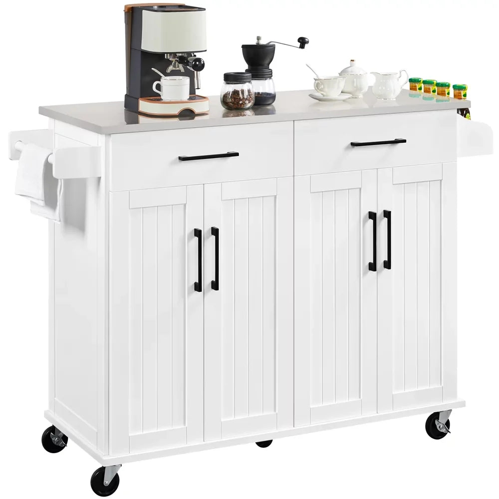 Yaheetech Kitchen Island with Storage Drawers & Cabinets & Towel Bar & Spice Rack, White