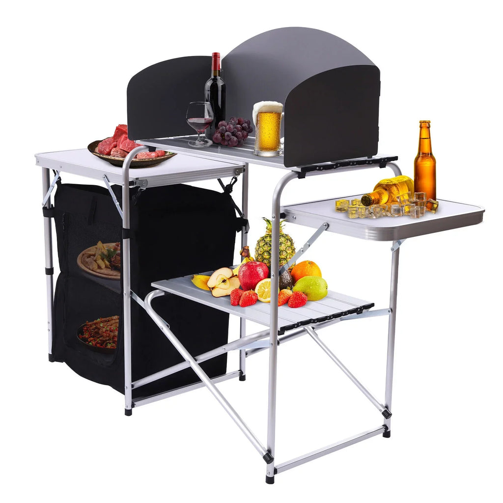 DENEST Folding Camping Kitchen Table Outdoor Cooking Table with Detachable Windscreen