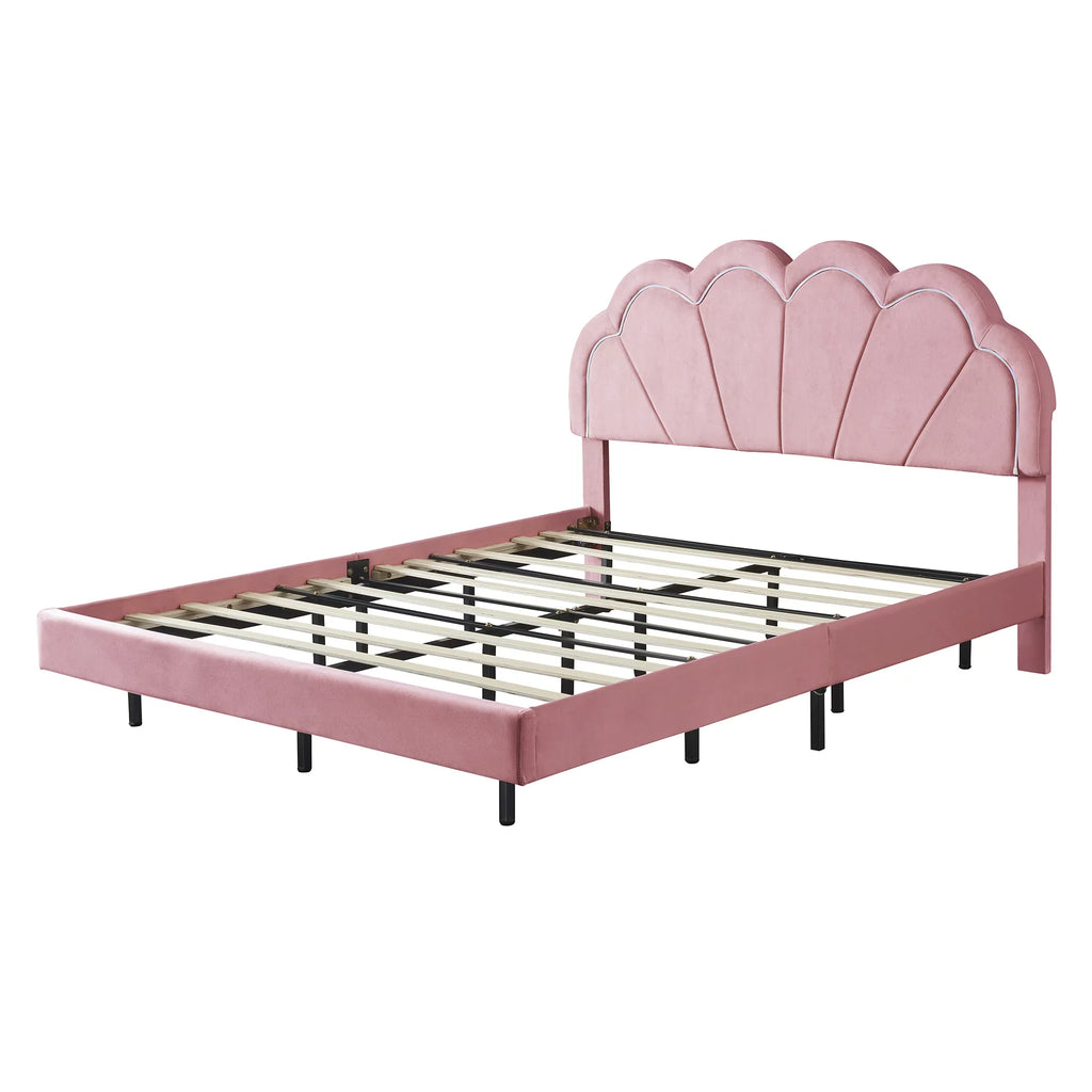 CoSoTower Queen Ruby Smart LED Bed Frame with Elegant Blossoms Headboard,Floating Velvet Platform LED Bed with Wooden Slats Fuchsia