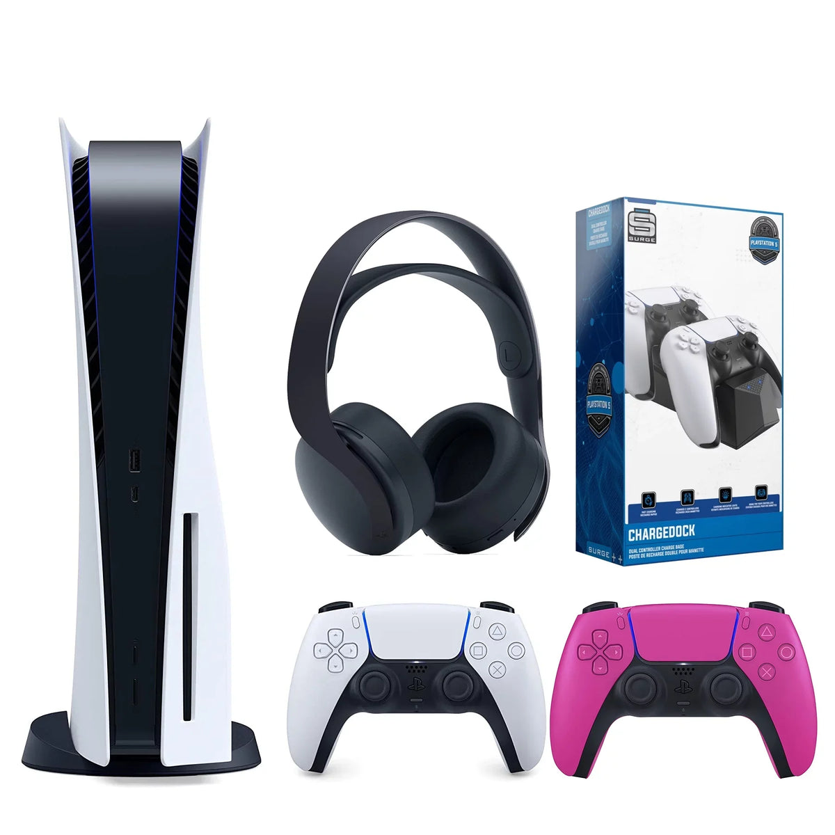 Sony Playstation 5 Disc Version (Sony PS5 Disc) with Extra Nova Blush Controller, Black PULSE 3D Headset and Dual Charging Station Bundle