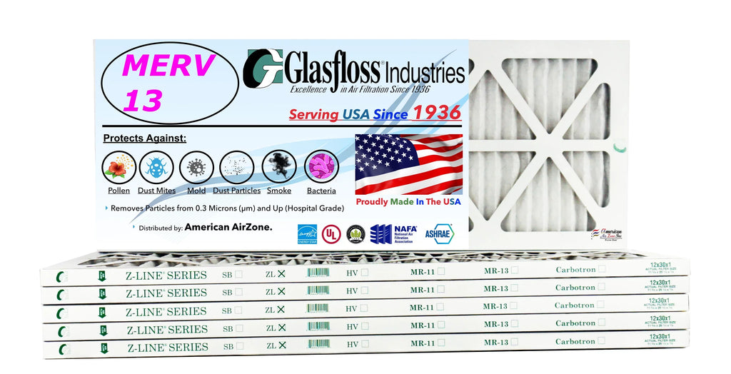 Glasfloss 12x30x1 - MERV 13 -Qty:6 - Furnace Air Filter - Made in USA (Actual Dimensions 11.5 x 29.5x7/8 inch)