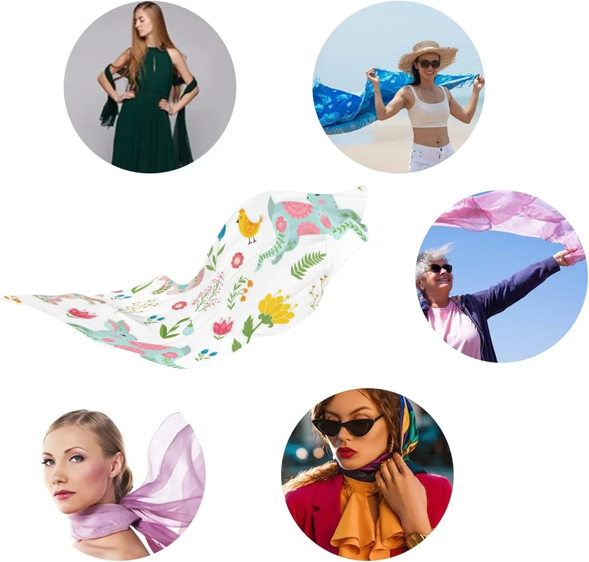 Hyjoy Easter Rabbits and Chicken in Floral Long Silk Neck Scarf Lightweight Shawl Wrap Scarves for Feminine Girls