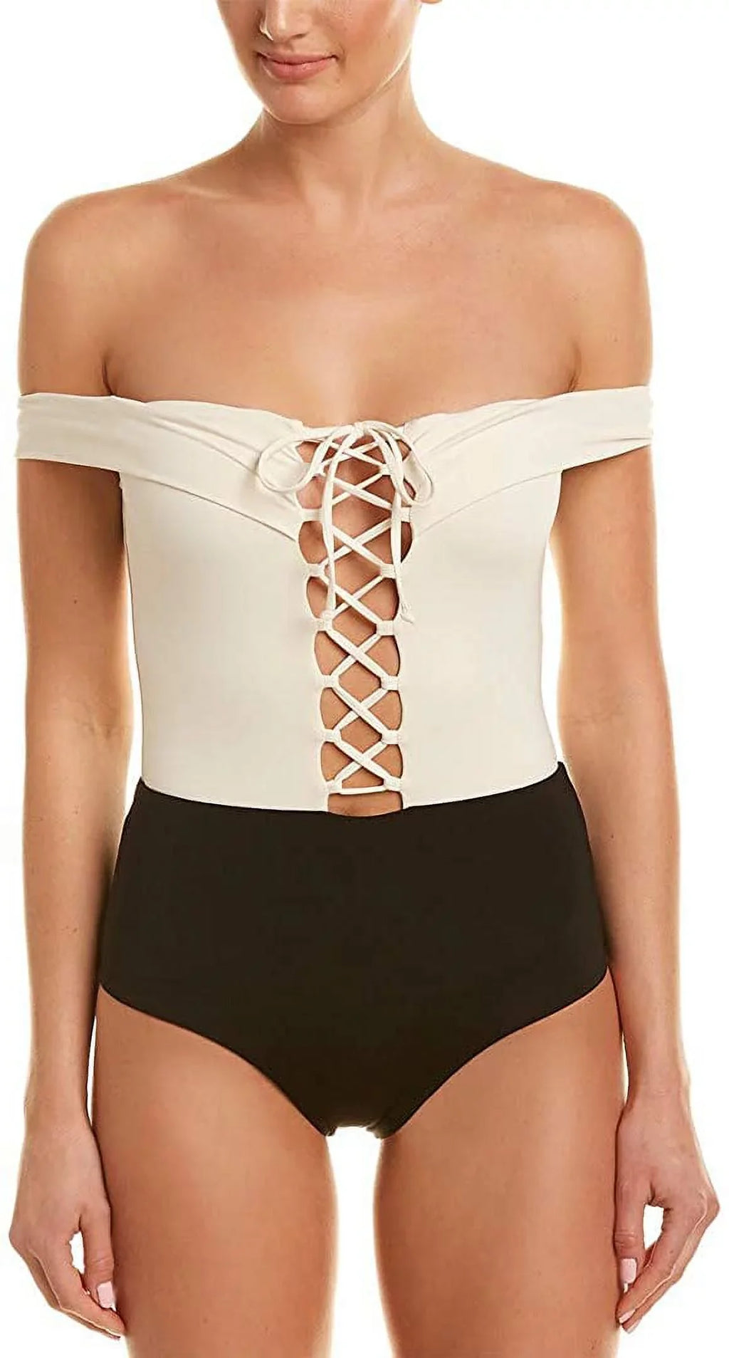L*Space CREAM/BLACK/CAMEL Anja Off-the-Shoulder One Piece Swimsuit, US 12