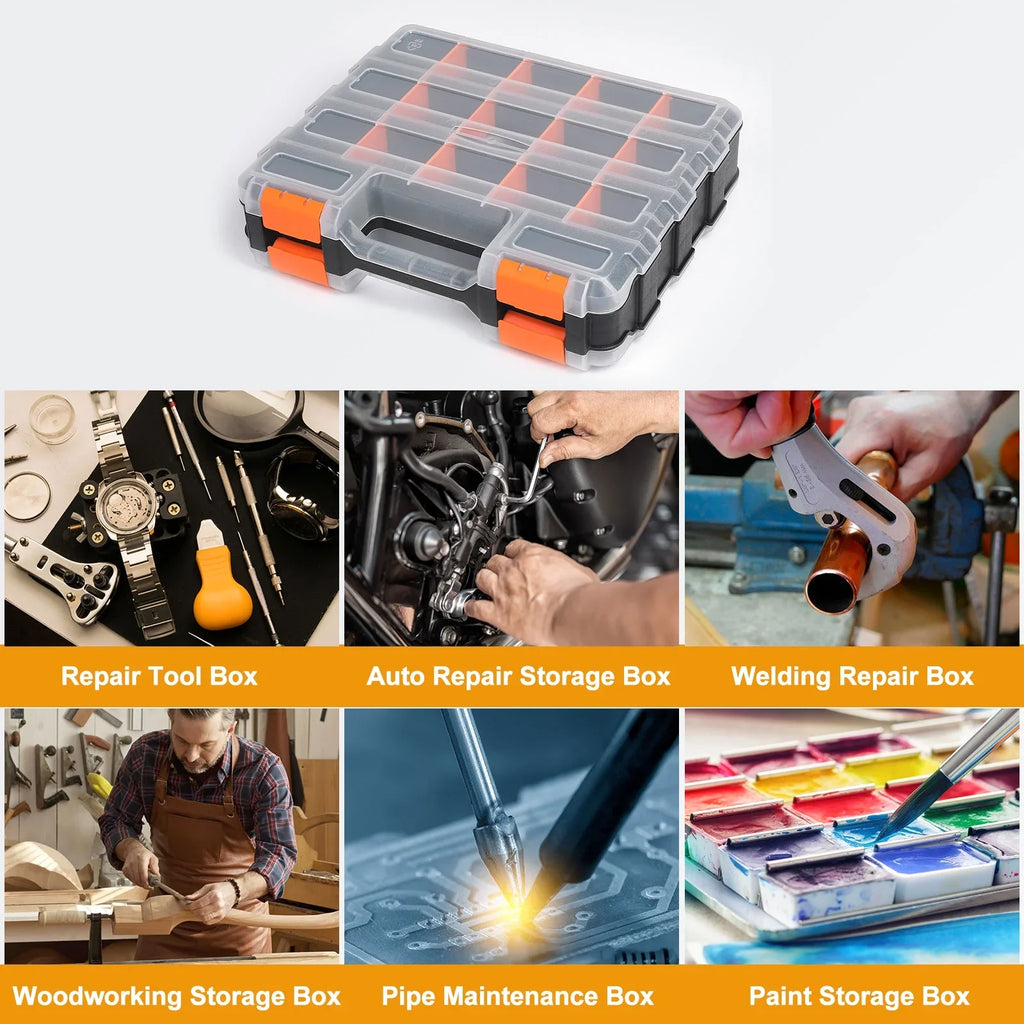 Uxcell 2pcs Double Side Tool Organizer 12.6"x10.6"x3.1" 30-Compartment Hardware Storage Box with Removable Dividers