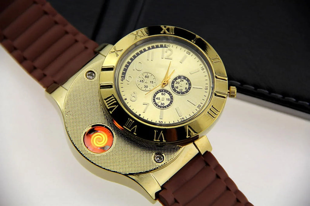 Men's Lighter Watch Flameless Outdoor Windproof USB Watch USB Rechargeable Rubber Strap Gift