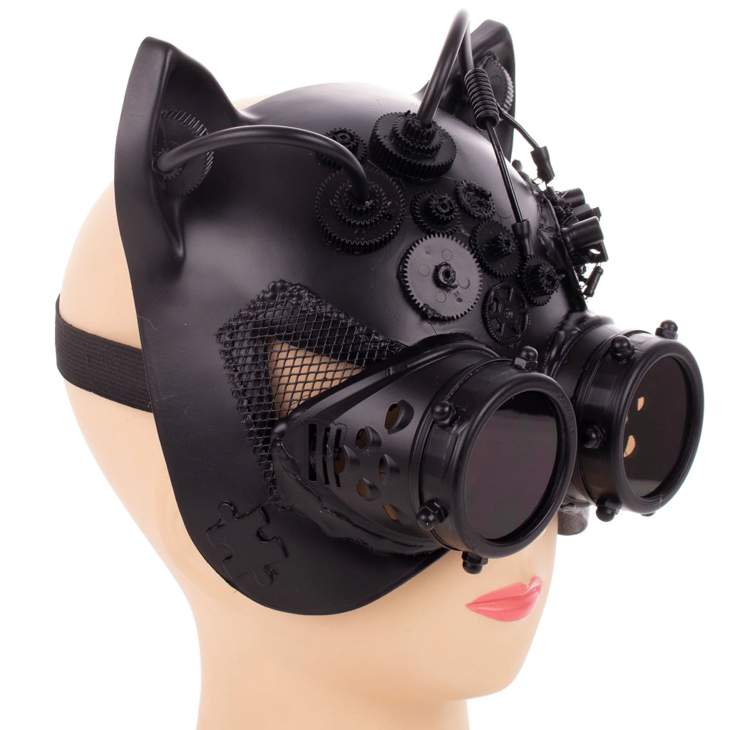 Kbw Black Steampunk Kitty Cat Female Costume Half Mask with Goggles Masquerade