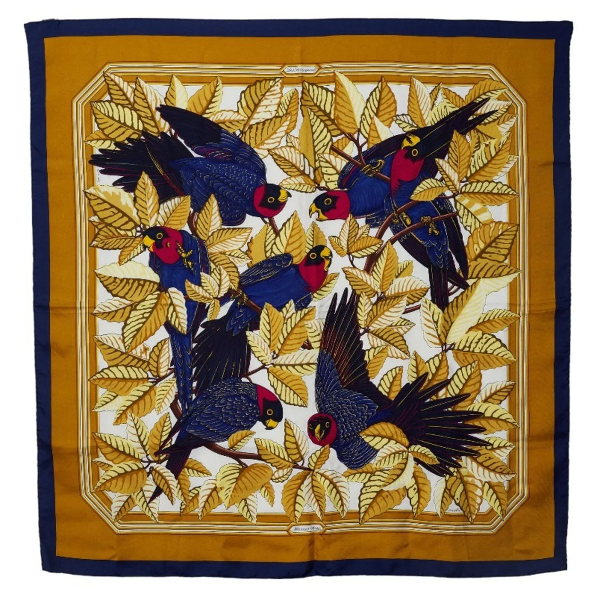 Pre-Owned Hermes Carre90 Les Perroquets detail Bird Parrot Scarf Muffler Gold Navy Silk Ladies HERMES (Good)