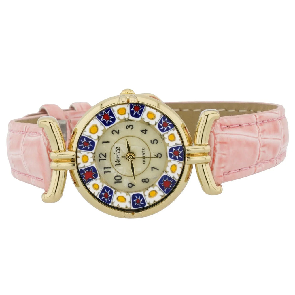 GlassOfVenice Murano Glass Millefiori Watch with Leather Band - Blush
