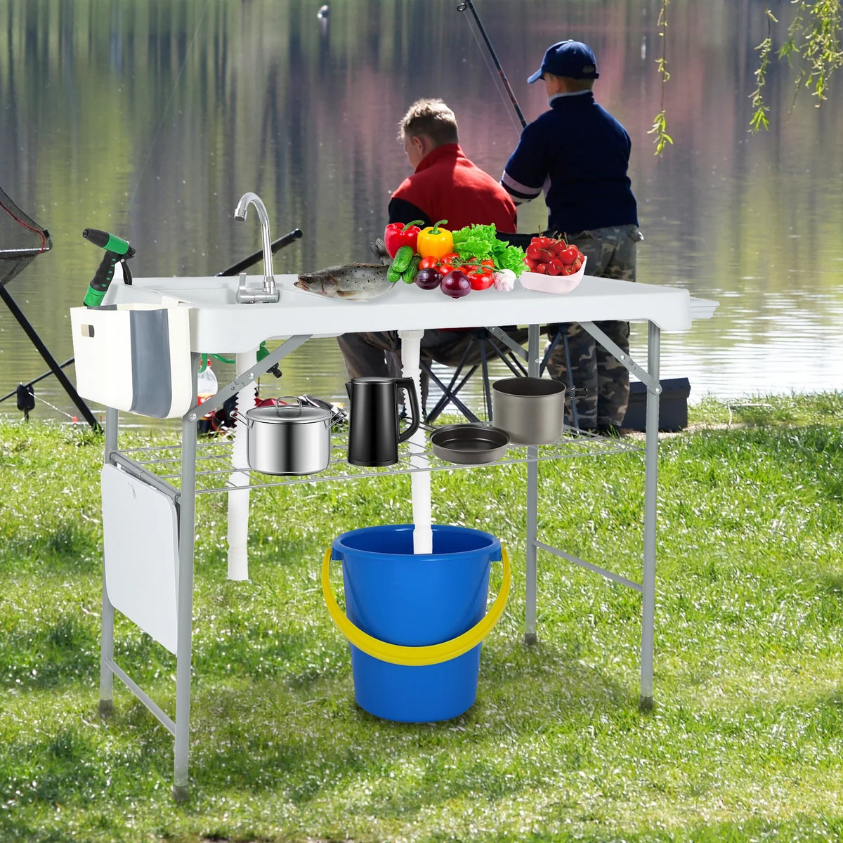 Crimson Folding Fish Cleaning Table with 2 Sinks and Sprayer, Outdoor Camping Sink Station w/ Flexible Faucet/Drainage Hoses/Rack/Basket, Portable Camping Table for Garden Beach Patio Picnic