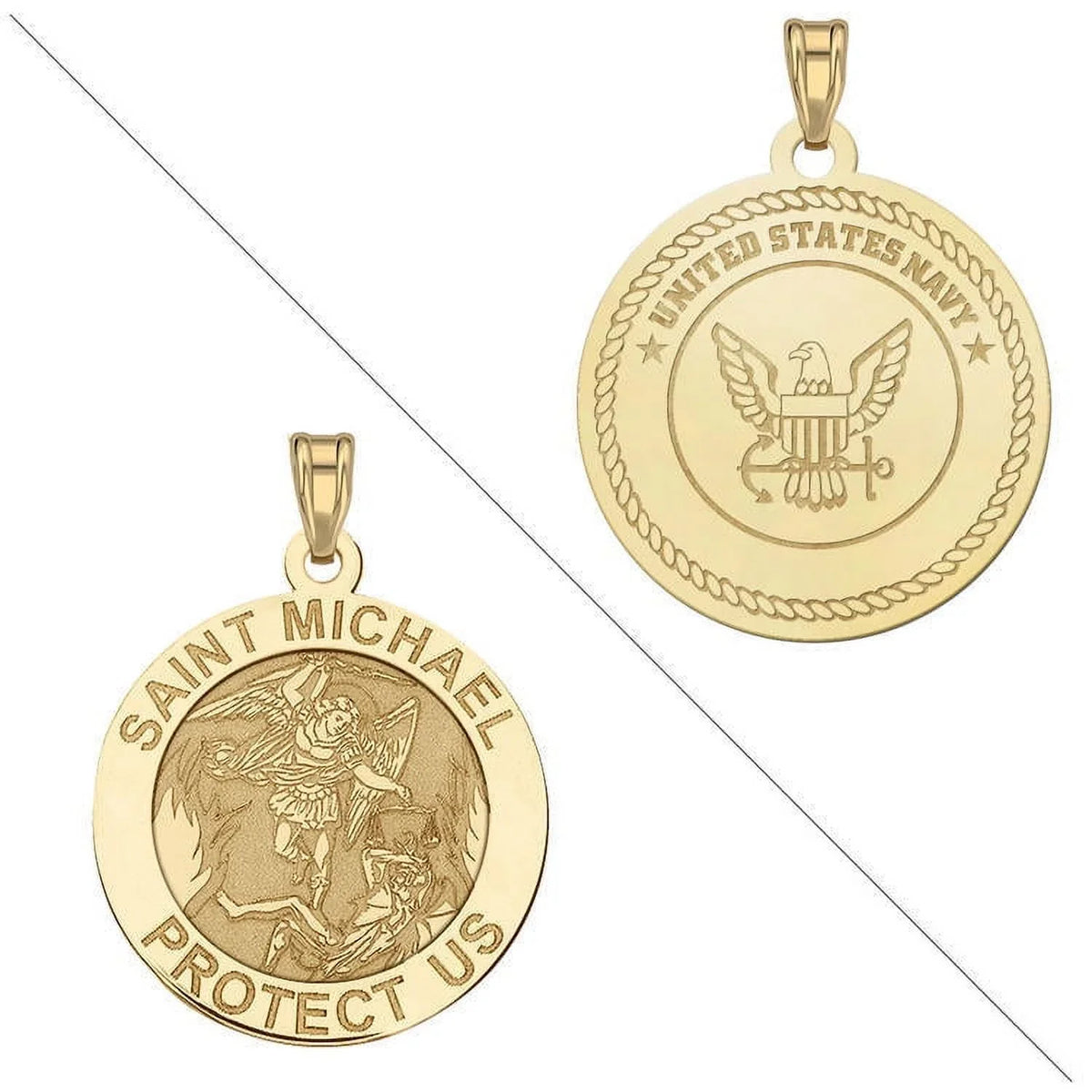 Saint Michael Doubledside NAVY Religious Medal - 2/3 Inch Measurement of a Dime - Solid 14K Yellow Gold