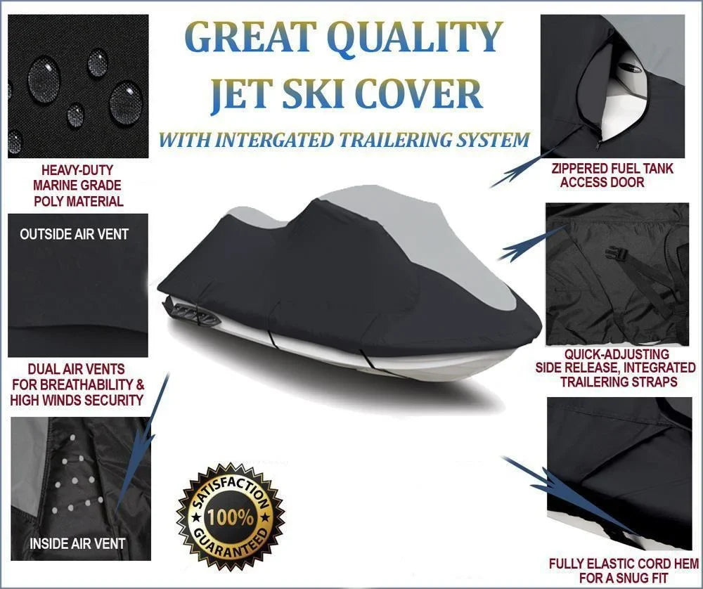 SUPER HEAVY-DUTY TOP OF THE LINE JETSKI Cover Compatible for YAMAHA FZS Deluxe JetSki Jet Ski PWC Cover 2009-2016 Black/Grey