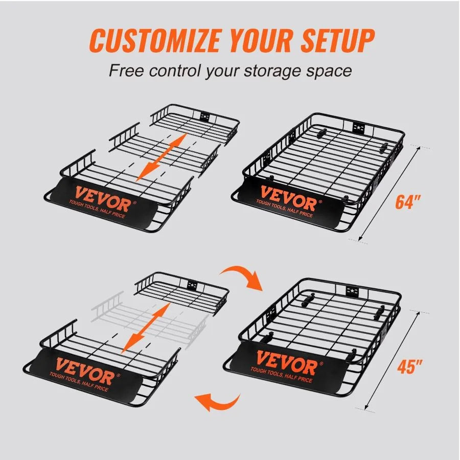 VEVOR Roof Rack Cargo Basket, 64" x 39" x 6" Rooftop Cargo Carrier with Extension, Heavy-duty 200 LBS Capacity Universal Roof Rack Basket, Luggage Holder for SUV, Truck, Vehicle