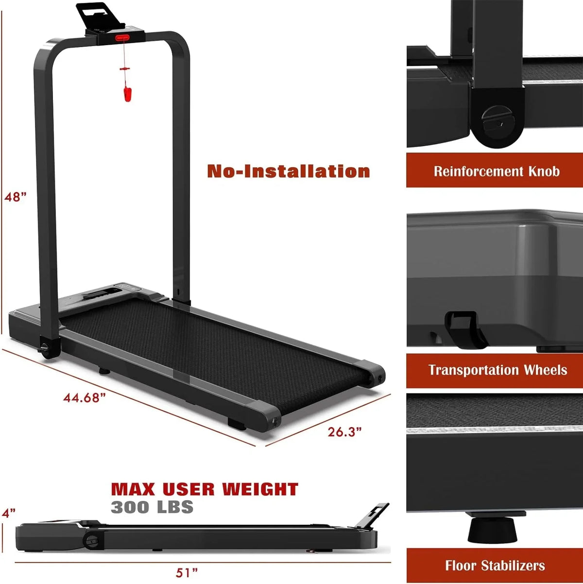 Walking Pad Treadmill, Under Desk Treadmill, Stable and Durable 300 Lb Capacity Treadmills for Home Small, Installation-Free with Remote Control
