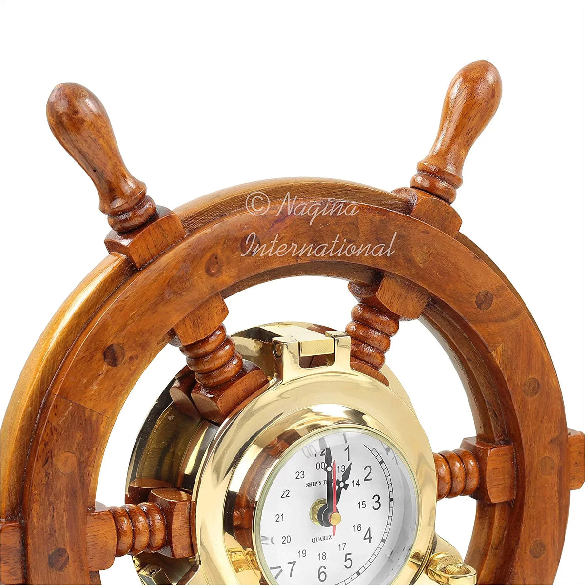 Nagina International Nautical Premium Wide Brass Porthole Ship Wheel Clock | Wall Hanging | Numerals | Vintage Gift (42 Inches)