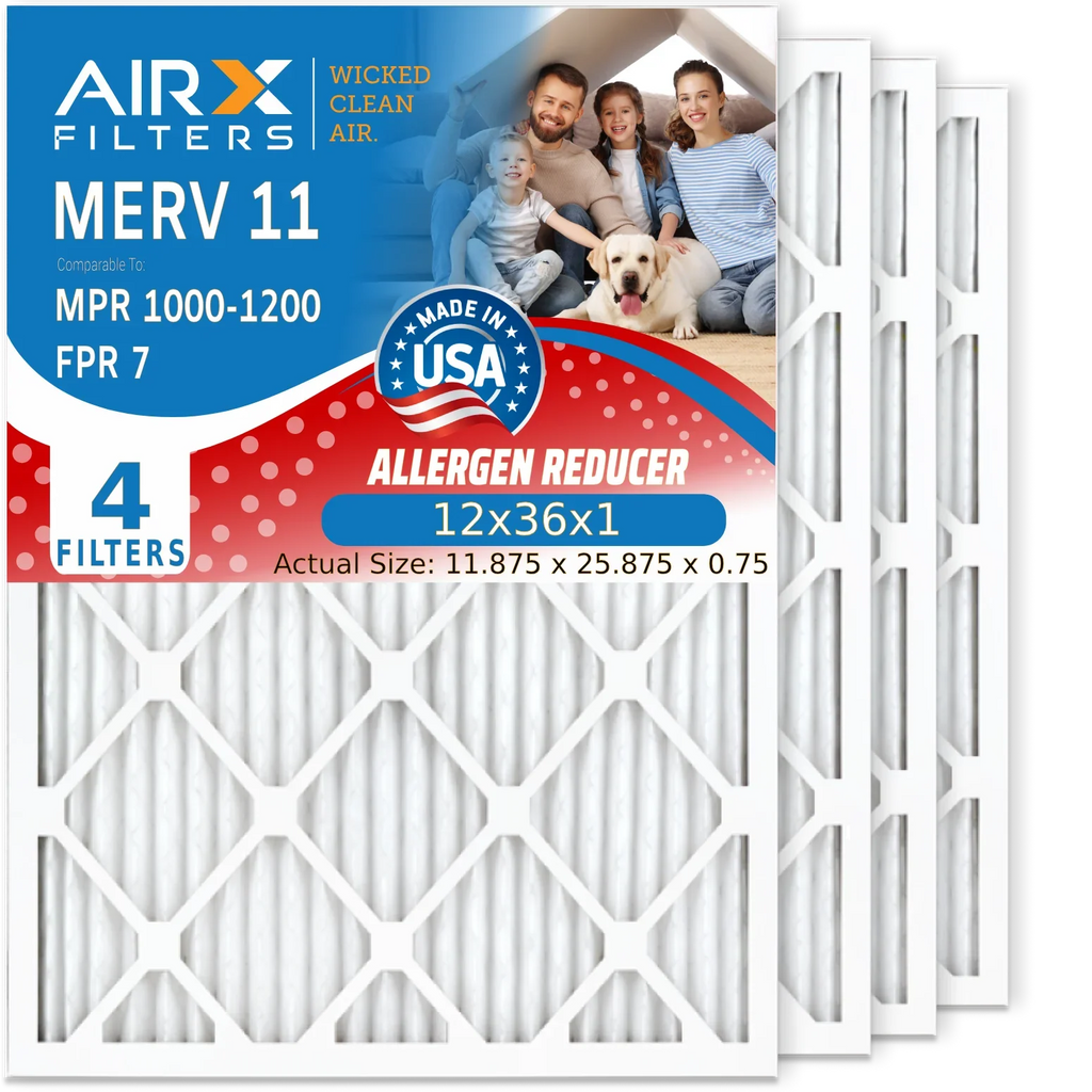 12x36x1 Air Filter MERV 11 Comparable to MPR 1000, MPR 1200 & FPR 7 Electrostatic Pleated Air Conditioner Filter 4 Pack HVAC Premium USA Made 12x36x1 Furnace Filters by AIRX FILTERS WICKED CLEAN AIR.
