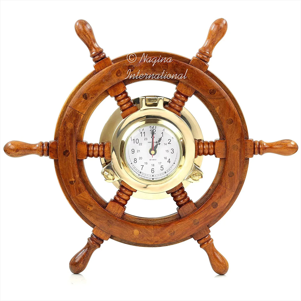 Nagina International Nautical Premium Wide Brass Porthole Ship Wheel Clock | Wall Hanging | Numerals | Vintage Gift (42 Inches)