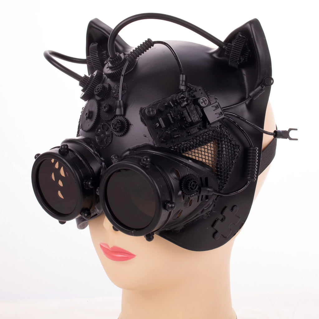 Kbw Black Steampunk Kitty Cat Female Costume Half Mask with Goggles Masquerade