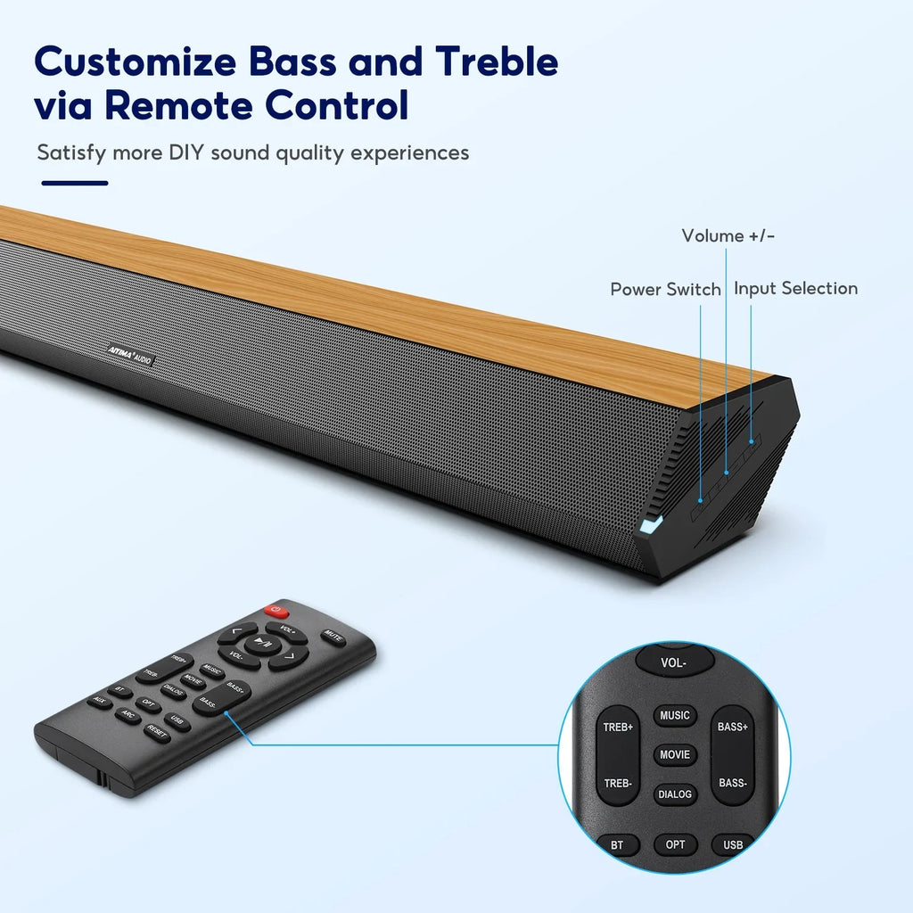 AIYIMA S03PRO Soundbar 28-Inch 60W with HDMI-ARC, Bluetooth 5.0, Optical Coaxial USB AUX Connection, 4 Speakers, 3 EQs, 110dB Surround Sound Bar Home Theater Audio Soundbar System for TV