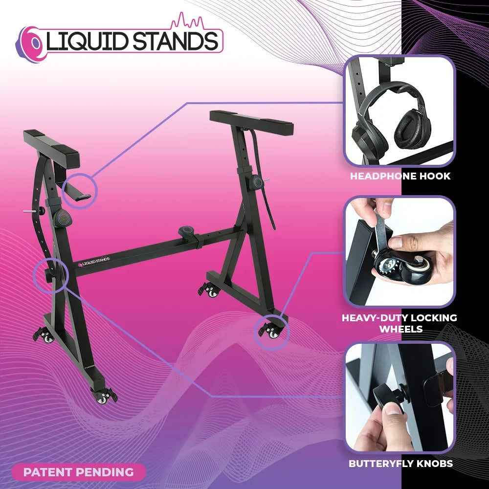 Burgundy Liquid Stands Keyboard Stand - Piano Stand - Piano Keyboard Stand - Keyboard Music Stand - Z Style Adjustable and Portable Heavy Duty - Fits 54-88 Key Electric Pianos (Black with Wheels) (Refurbished)