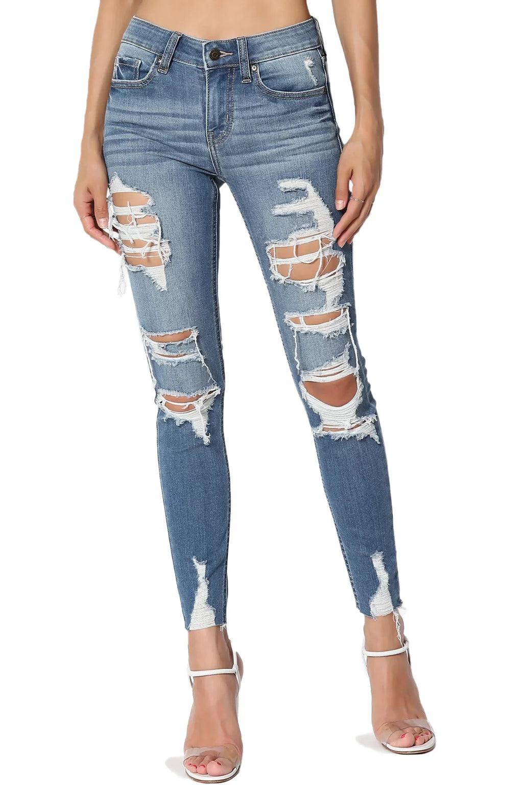 TheMogan Feminine Distressed Ripped Mid Rise Stretch Perfect Skinny Jeans in Deep MD