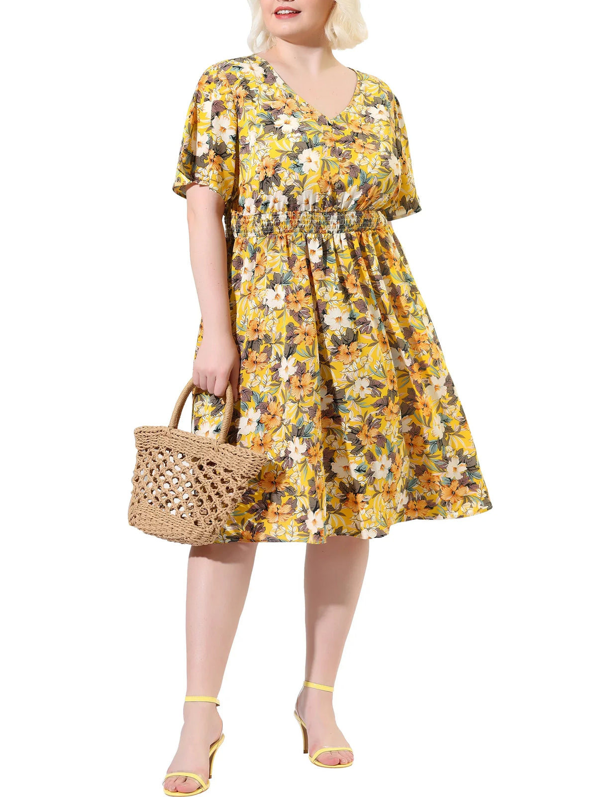 MODA NOVA Juniors' Plus V Neck Floral Print Flare Sleeve Casual Midi Outfit Yellow 3X