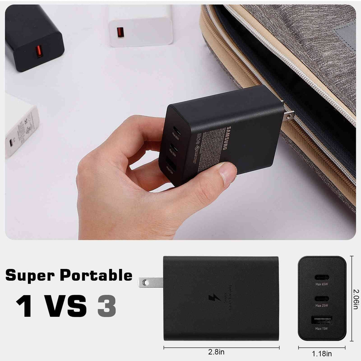 65W Fast Travel Charger with 3 Ports - USB & Dual USB-C - High-Speed Charging for Xperia Z3v/Z3/Z3 Compact/Z2 Tablet LTE/Z2 Tablet Wi-Fi iPhone, Samsung Galaxy, Laptops, Phones Google Pixel, MacBook