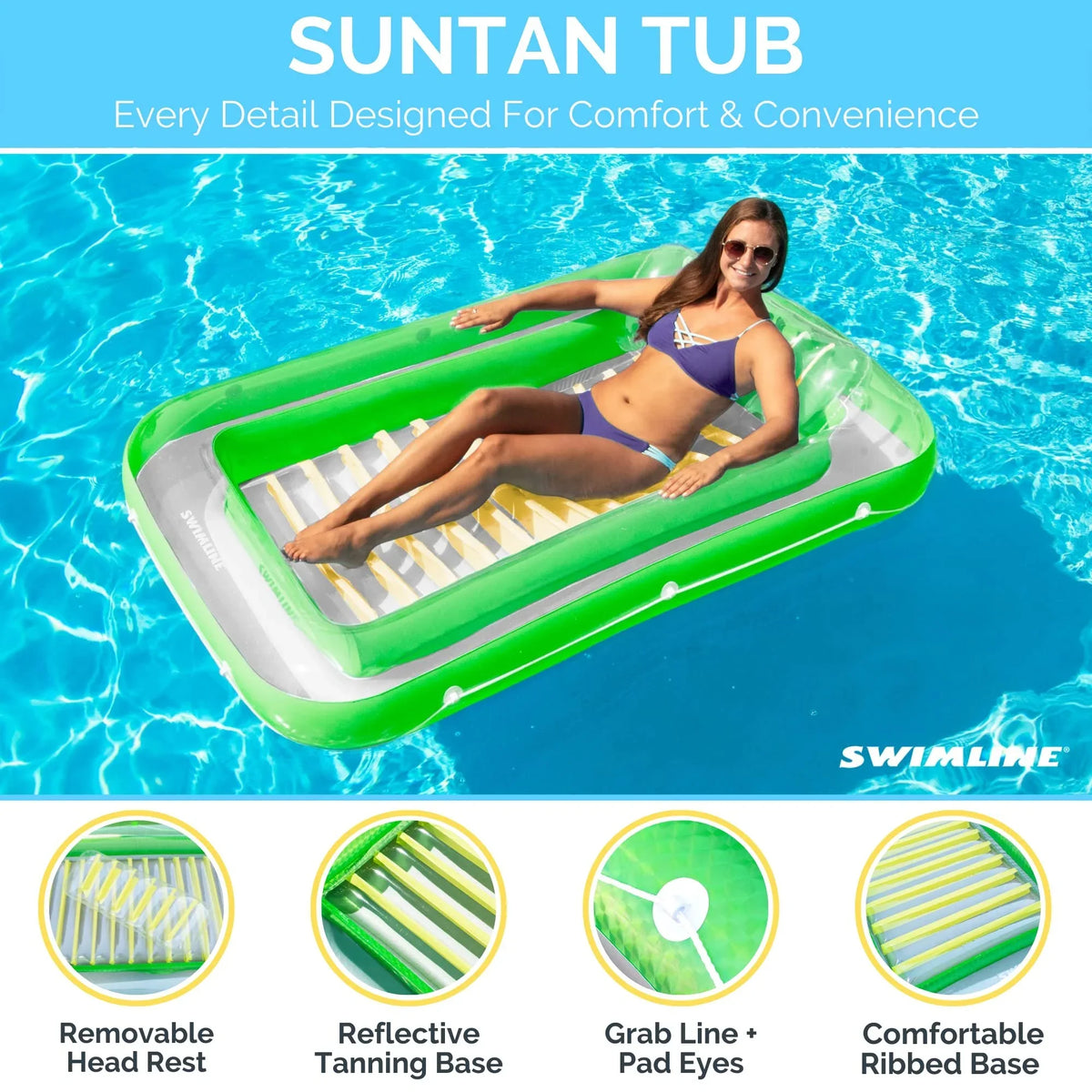 SWIMLINE Original Suntan Tub Classic Edition Inflatable Floating Lounger Green and Yellow Tanning Pool Hybrid Lounge