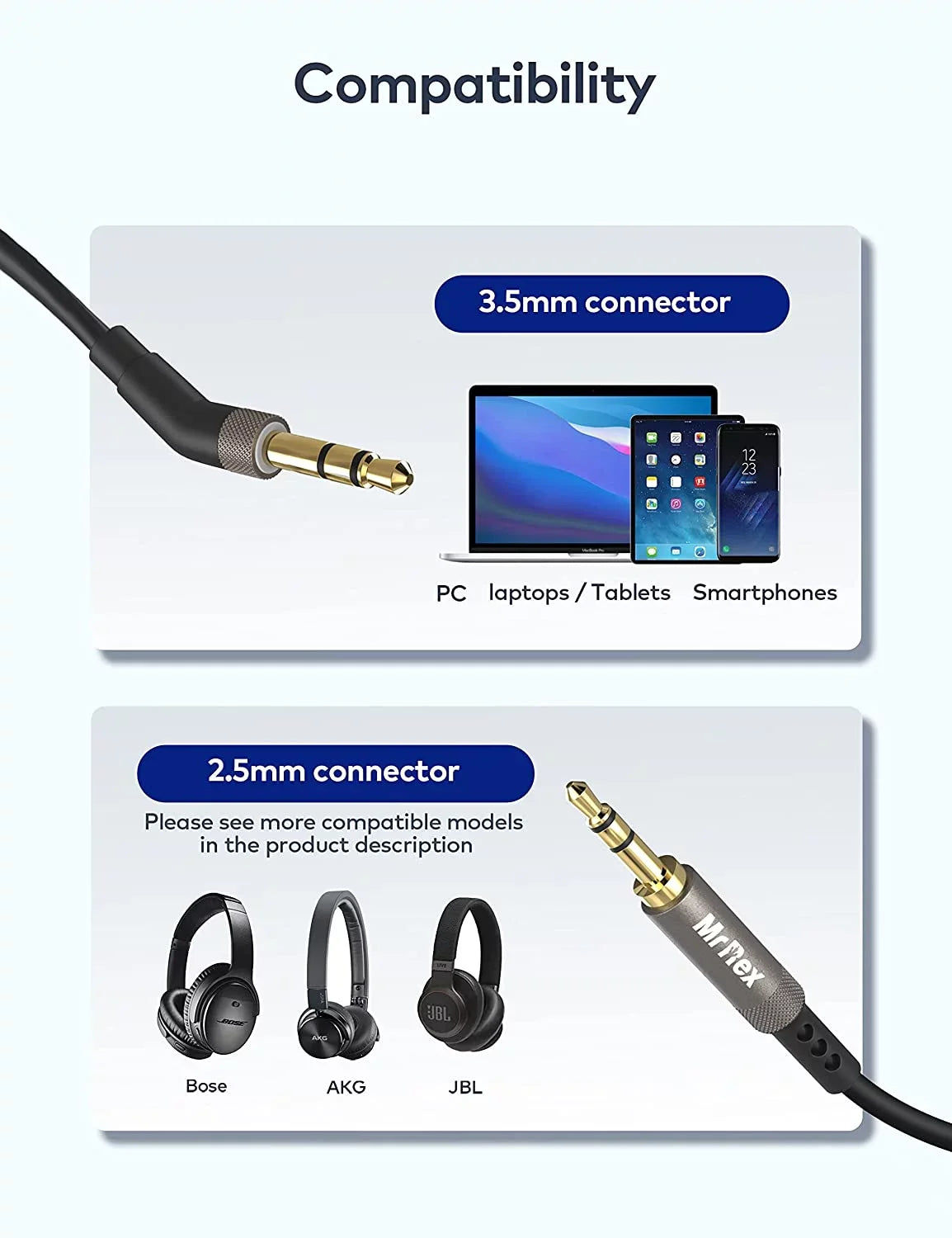 Mr Rex 3.5mm to 2.5mm Aux Cable Cord for Bose 700 QuietComfort QC45 QC35II QC35 QC25 Noise Cancelling Headphones, JBL
