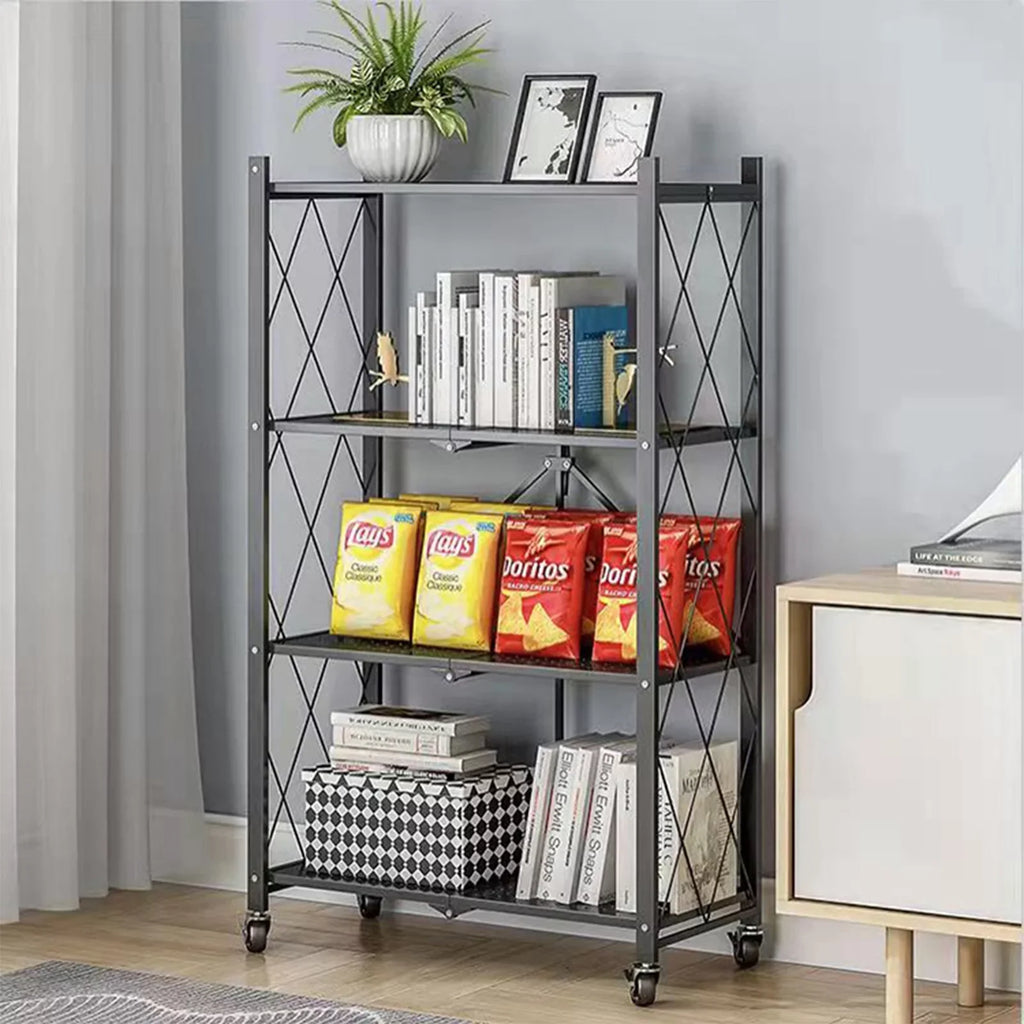 SUGIFT 4-Tier Foldable Storage Shelf, Heavy Duty Metal Shelf, Kitchen Shelf with 3 Hooks, Black