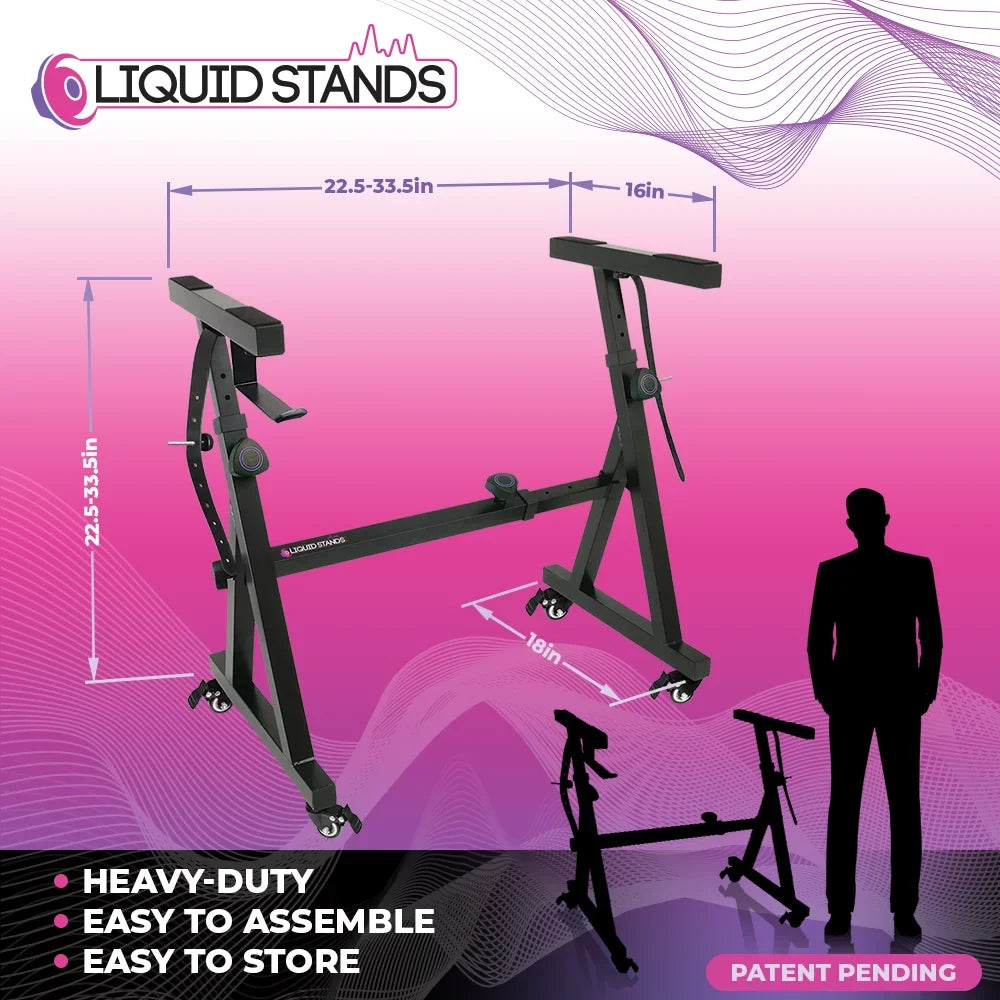 Burgundy Liquid Stands Keyboard Stand - Piano Stand - Piano Keyboard Stand - Keyboard Music Stand - Z Style Adjustable and Portable Heavy Duty - Fits 54-88 Key Electric Pianos (Black with Wheels) (Refurbished)