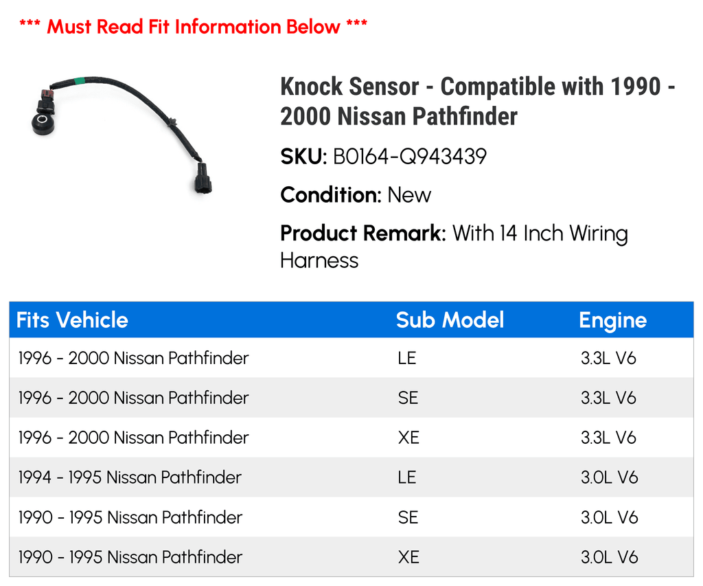 Knock Sensor - Compatible with 1990 - 2000 Nissan Pathfinder 1991 1992 1993 1994 1995 1996 1997 1998 1999