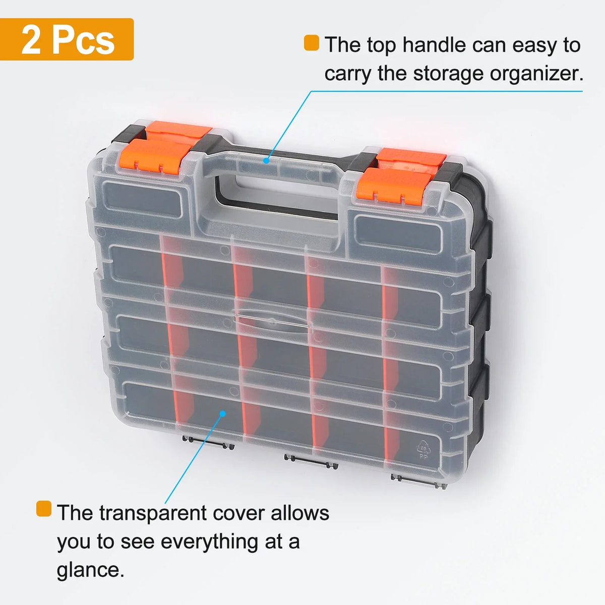 Uxcell 2pcs Double Side Tool Organizer 12.6"x10.6"x3.1" 30-Compartment Hardware Storage Box with Removable Dividers