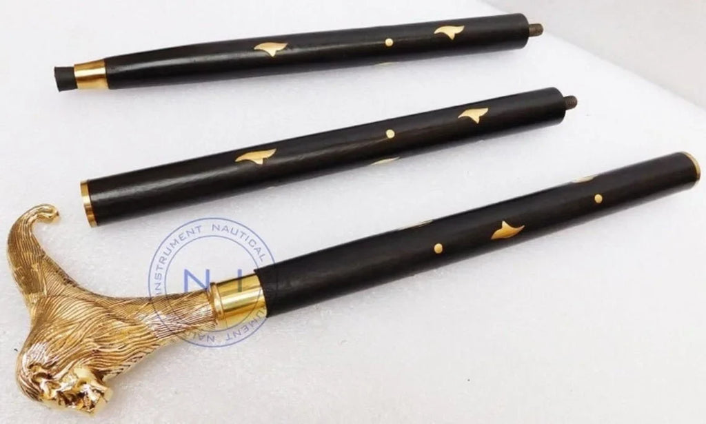 Victorian Premium Walking Cane Beautiful Plated Solid Brass Handle Walking Stick With Inlayed & Crutches Buffed Polished Canes for Men and Ladies (Lion)