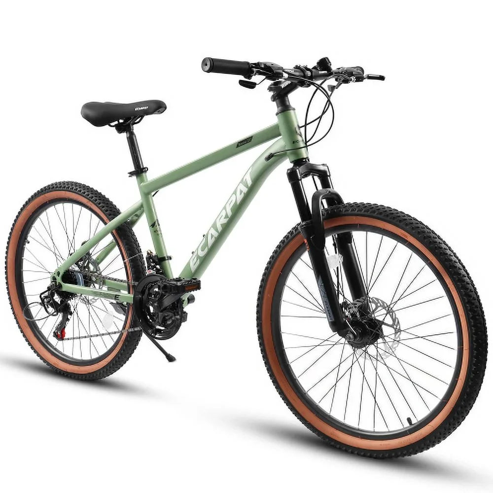 A24301 Ecarpat Mountain Bike 24 Inch Wheels, 21-Speed Mens Feminine Trail Commuter City Mountain Bike, Carbon steel Frame Disc Brakes Thumb Shifter Front Fork Bicycles