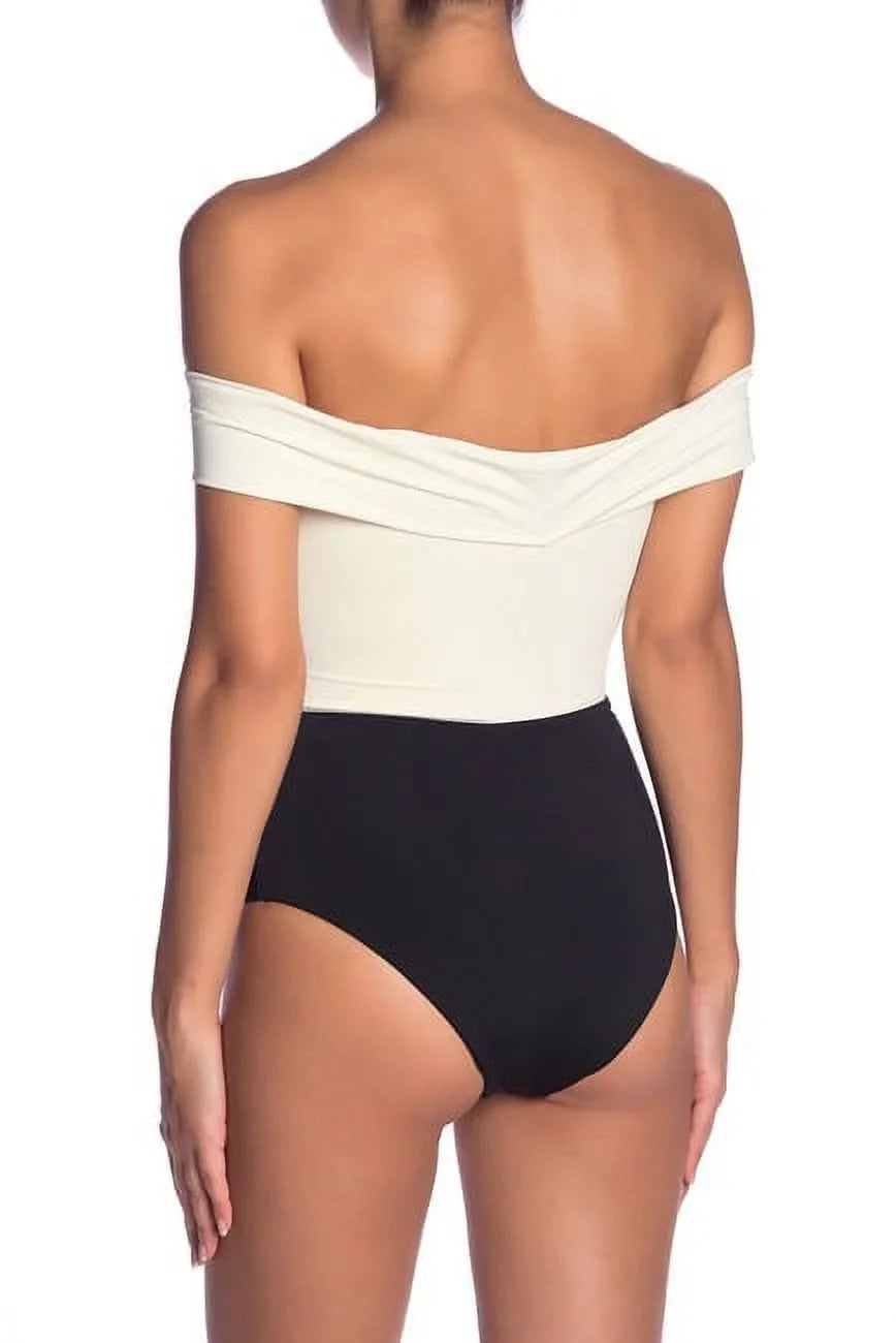 L*Space CREAM/BLACK/CAMEL Anja Off-the-Shoulder One Piece Swimsuit, US 12